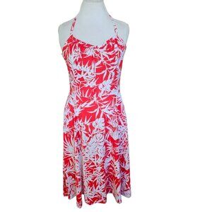 VTG 70s Red White Tropical Hawaiian Halter Dress Knit Smocked Vacation Sz L XL